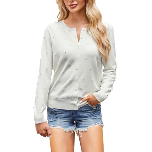 PODOLIXIA Strickjacke Damen Kurz Cardigan Strickpullover mit Einreiher Rippe Crew Neck Strick Oberteile mit Zierperlen Sommer Herbst Female Stylische offener Front Sweater Strickwaren von PODOLIXIA