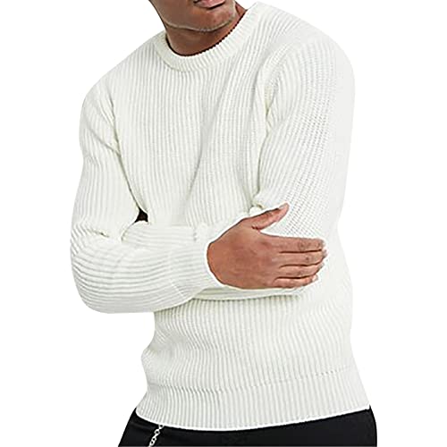 PODOLIXIA Strickpullover Herren Rundhals Gestrickt Pullover Frühling Herbst Weich Männer Strick-Oberteile Lässiges Sweater, Weiß von PODOLIXIA