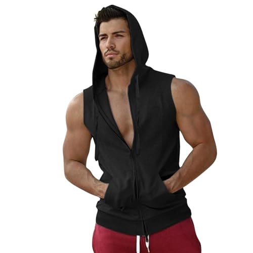PODOLIXIA Tank Top Herren Ärmellose Hoody Kapuzenjacke Sommer Sweatjacke mit Kapuze Reißverschluss Kapuzenpullover Männer Gym Outdoor Sport Fitness Muskelshirt Leisure Tanktops von PODOLIXIA