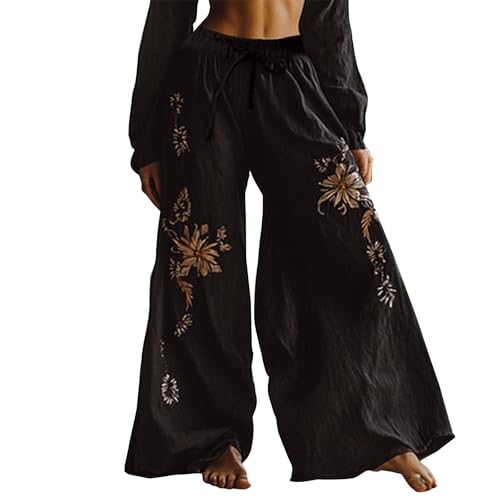 PODOLIXIA Weite Hose Damen Weites Bein Marlenehose Boho Blumen Gemusterte Palazzo Sommerhose Leicht Damenhose mit Gummizug Musselin Stoffhose Bequeme Wide Leg Freizeithose Urlaub Strandhose von PODOLIXIA