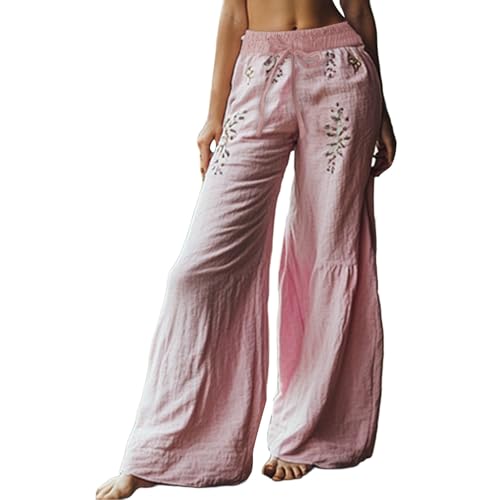 PODOLIXIA Weite Hose Damen Weites Bein Marlenehose Boho Blumenmuster Palazzo Sommerhose Leicht Damenhose mit Gummizug Musselin Stoffhose Bequeme Wide Leg Freizeithose Urlaub Strandhose von PODOLIXIA