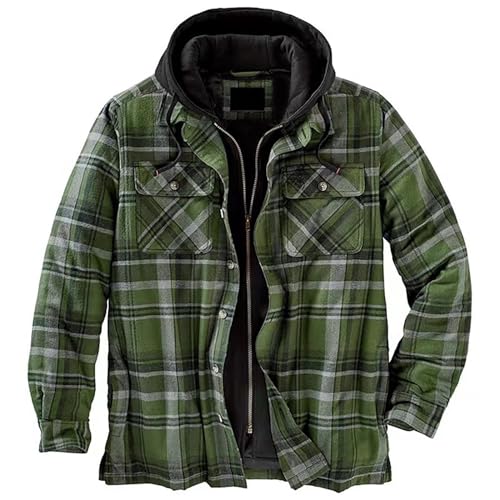 PODOLIXIA Winterjacke Herren mit Kapuze Fleece Gefütterte Karierte Kapuzenjacke Karojacke Knopfleiste Herbst Winter Übergangsjacken Männer Langarm Fleecejacke Hemdjacke Holzfäller-Jacke Arbeitsjacke von PODOLIXIA