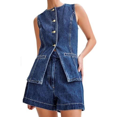 PODOLIXIA Zweiteiler Damen Sommer Outfits Set Cowboy Ärmellose Jeansweste Damen und Jeans Shorts Freizeit Sommeranzug Freizeitanzug Jeansanzug 2 Teiler Western Outfit von PODOLIXIA