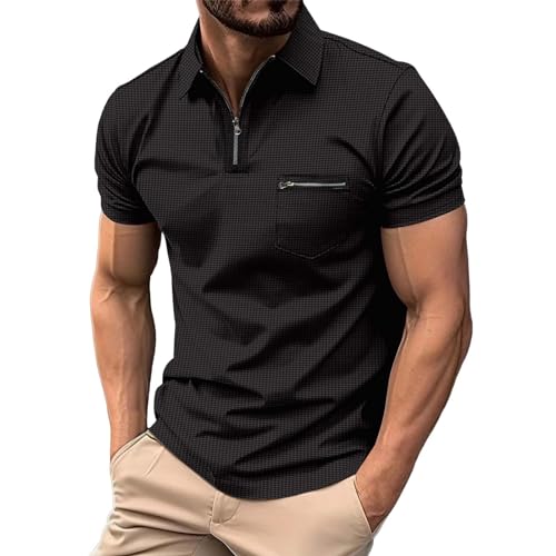 Poloshirt Herren Waffel Karierte Golfshirts Kurzarm Revers mit 1/4 Reißverschluss Sportshirt Tennis Golf Männer Business Kurzärmeliges T-Shirts Casual Solid Color Oberteile Polohemd von PODOLIXIA