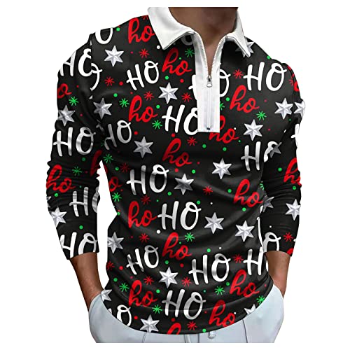 Poloshirts Herren Langarm T-Shirts Weihnachts Golfshirts Weihnachtsmann Shirts Weihnacht Pullover Tops Viertel-Reißverschluss Fitness Shirt Lässig Sport Langarm-Shirt mit Stehkragen von PODOLIXIA