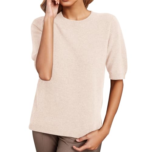 Pullover Damen Kurzarm, Damen Pullover Sommer, Leicht Kurzarmpullover, Stricktop Damen Sommer Elegant, Strickpullover Kurzarm Frauen Kurzarm Strickwaren Solid Color Crew Neck Sweater von PODOLIXIA