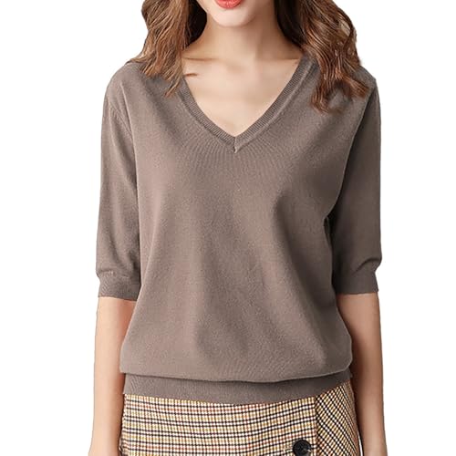 Pullover Damen Sommer, V-Ausschnitt, 1/2 Ärmel, Leicht, Kurzarmpullover Einfarbig Damen Kurzarm Pullover, Female Strickpullover Weicher Strick T-Shirt Sweater von PODOLIXIA