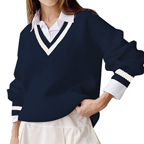Pullover Damen V-Ausschnitt Strickpullover Damen Oversize Kontrastfarbenem Langärmeliges College Pullover Frauen Gestrickt Pullover Damen Oversize V-Neck Oberteile Damen Elegant Sweater Strickwaren von PODOLIXIA