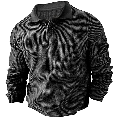 Pullover Herren Revers mit 1/4 Knopf-Kragen Langarm Gestrickt Sweatshirt Solid Color Strickpullover Funky Pulli Freizeit Gestrickt-Pulli Männer Thermo Strickwaren von PODOLIXIA