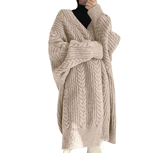 Strickjacke Damen Lang Cardigan Damen Lang Damen Strickjacke Lang Einfarbig Longstrickjacke Damen Herbst Winter Strickmantel Lang Damen Open Front Strickpulli Strickwaren mit Zopfmuster Jacquard von PODOLIXIA