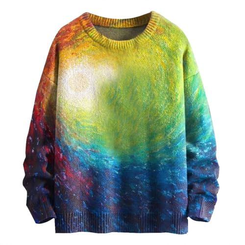 Strickpullover Herren Rundhalsausschnitt Loose Pullover Herren Oversize Strick Sweatshirt mit Bunt Gedruckte Langärmeliges Winterpullover Gestrickt Langarmshirt Sweater Strickpulli von PODOLIXIA
