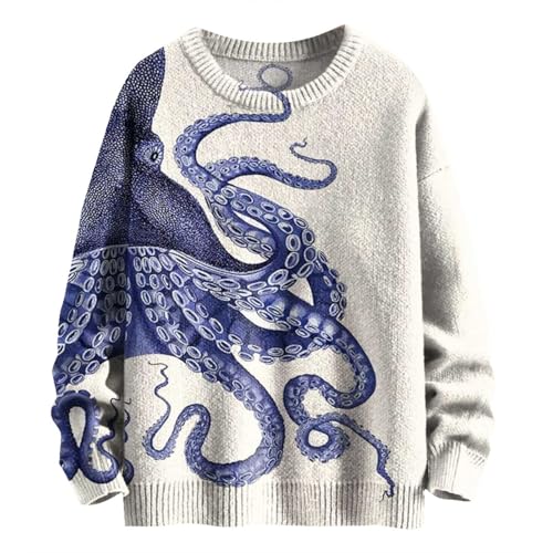 Strickpullover Herren Rundhalsausschnitt Loose Pullover Herren Oversized Strick Sweatshirt mit Oktopusse Gedruckte Longsleeve Winterpullover Gestrickt Langarmshirt Sweater Strickpulli von PODOLIXIA