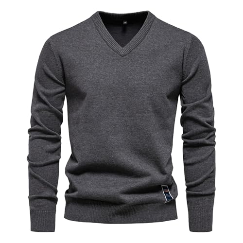 Strickpullover Herren V-Ausschnitt Baumwolle Elegante Feinstrick Pullover Sweatshirt Lange Ärmel Basic Shirt Stretch Slim fit Sweater Herbst Winter Männer Casual Strickpulli von PODOLIXIA