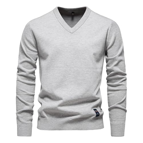 Strickpullover Herren V-Ausschnitt Baumwolle Elegante Feinstrick Pullover Sweatshirt Lange Ärmel Basic Shirt Stretch Slim fit Sweater Herbst Winter Männer Casual Strickpulli von PODOLIXIA