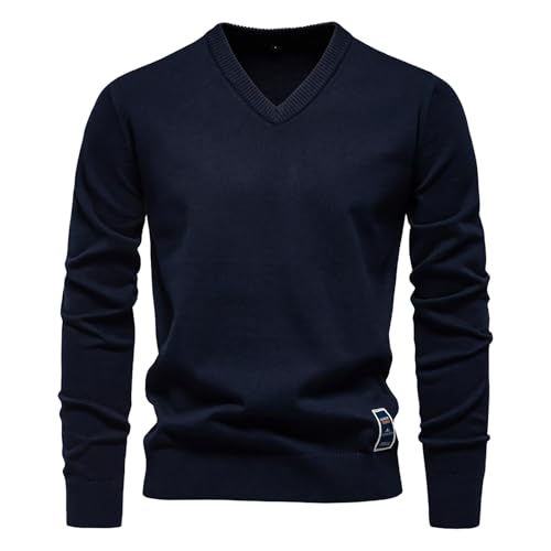 Strickpullover Herren V-Ausschnitt Baumwolle Elegante Feinstrick Pullover Sweatshirt Lange Ärmel Basic Shirt Stretch Slim fit Sweater Herbst Winter Männer Casual Strickpulli von PODOLIXIA