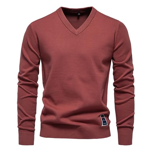 Strickpullover Herren V-Ausschnitt Baumwolle Elegante Feinstrick Pullover Sweatshirt Lange Ärmel Basic Shirt Stretch Slim fit Sweater Herbst Winter Männer Casual Strickpulli von PODOLIXIA