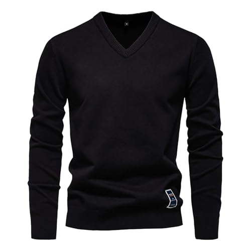 Strickpullover Herren V-Ausschnitt Baumwolle Elegante Feinstrick Pullover Sweatshirt Lange Ärmel Basic Shirt Stretch Slim fit Sweater Herbst Winter Männer Casual Strickpulli von PODOLIXIA