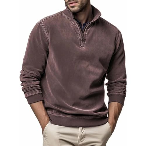 Sweatshirt Herren Geripptes Stehkragen mit Quarter Zip Troyer-Pullover Solid Color Weicher Relaxed Fit Tops Langarm Männer Herbst Winter Rippbündchen Casual Langarmshirts von PODOLIXIA