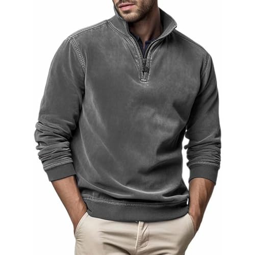 Sweatshirt Herren Geripptes Stehkragen mit Quarter Zip Troyer-Pullover Solid Color Weicher Relaxed Fit Tops Langarm Männer Herbst Winter Rippbündchen Casual Langarmshirts von PODOLIXIA