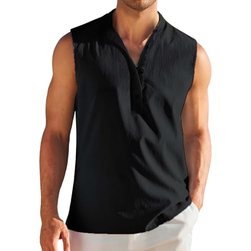 Tank Top Herren Sommer, Stehkragen, Ärmellos Leinenhemd mit Knöpfen Tanktop aus Leinen Casual Sommer Unterhemden Leinen Shirt Herren ärmellose Einfarbig Oberteile Tops von PODOLIXIA