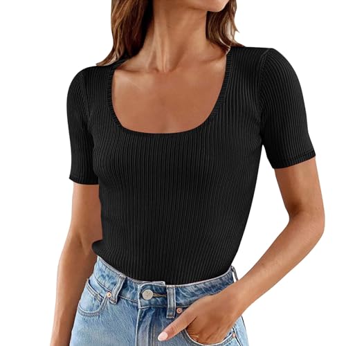 Tshirt Damen Kurzarm Viereckiger Hals Slim fit Rippe Gestrickt Solid Color Frauen Oberteile Beiläufige Sommer Basic Shirts von PODOLIXIA