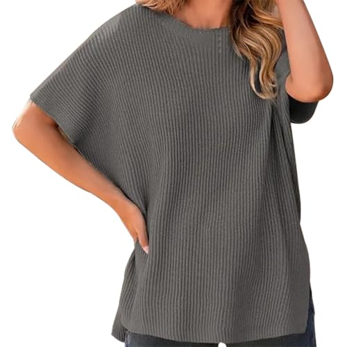 Tshirt Damen Strick Kurzarm Oberteile Damen Sommer Rundhals Sommerpullover mit Fledermausärmel Strickpullover Lockere Sweater Basic Shirt Einfarbig T-Shirt von PODOLIXIA