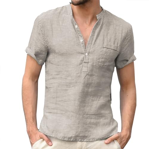 Tshirt Herren Leinen Kurzarm Leinenhemd Sommer Leinenshirt Stehkragen T-Shirt mit Knöpfe Leicht Sommerhemd Einfarbig Kurzarmhemd mit Brusttasche Männ Kurzärm Freizeithemden von PODOLIXIA