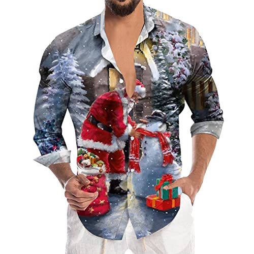 Weihnachtshemd Herren Langen Ärmeln Hemd Weihnachts Shirt Lustig Santa Gedruckt Xmas Freizeithemden Weihnachtshemd Beiläufige Langarmhemd Button Down Hemden Tshirt Oberseiten von PODOLIXIA