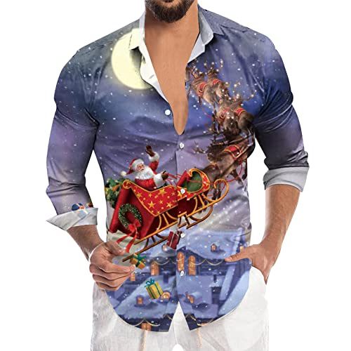 Weihnachtshemd Herren Langen Ärmeln Hemd Weihnachts Shirt Lustig Santa Gedruckt Xmas Freizeithemden Weihnachtshemd Beiläufige Langarmhemd Button Down Hemden Tshirt Oberseiten von PODOLIXIA