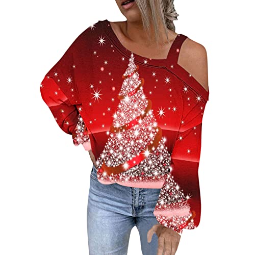 Weihnachtsshirt Damen Schulterfreies Shirts Langarmshirts Oberteile Bequem Casual Hemden Reindeer Druck Top für Herbst Winter Pulli Lockeres Blusen Tuniken Hoodie von PODOLIXIA