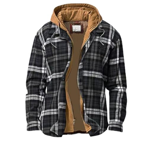 Winterjacke Herren mit Kapuze Fleece Gefütterte Kariert Kapuzenjacke Karojacke Knopfleiste Herbst Winter Übergangsjacke Männer Langärmeliges Fleecejacke Hemdjacke Holzfäller-Jacke Arbeitsjacke von PODOLIXIA