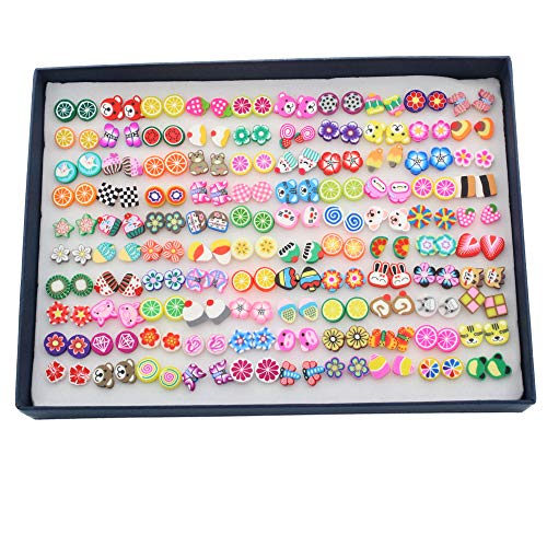 POFET 100 Paar Ohrstecker mit rechteckiger Geschenk-Box, exquisite Früchte, große weiche Ton-Ohrringe, mehrere Größen und Muster PAB12253 von POFET