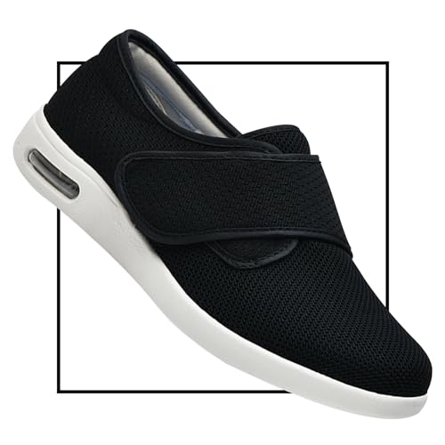 Orthopädische Schuhe für Damen, Diabetiker-Schuhe für Damen und Herren, anpassbares Netzgewebe, atmungsaktiv, leicht, Luftpolster, Walking-Sneaker, Luftpolster, Schwarz , 47 1/3 EU von POFH