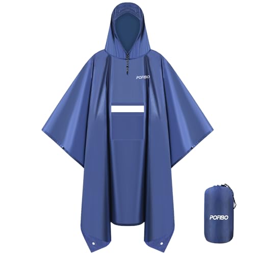 Regenponcho Herren Damen - Regencape mit Kapuze, Leichter & Wiederverwendbar, 3 in 1 Multifunktional Atmungsaktiv Regenjacke mit Taschen, Reflexstreifen, Ideal für Wandern, Picknick, Camping (Blau) von POFIBO