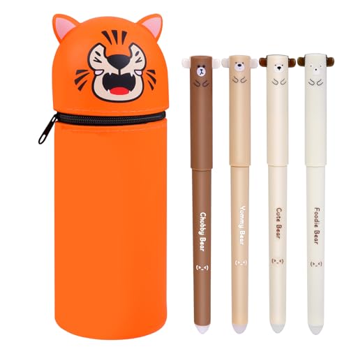 Weiche Silikontasche Kawaii Federmäppchen, 2 in 1 Stand up Federmäppchen Reißverschluss Tischstifthalter, Cartoon Federmäppchen mit 4 Radierbare Stifte für Schule Home Office Supplies Pencil Case von POFIBO