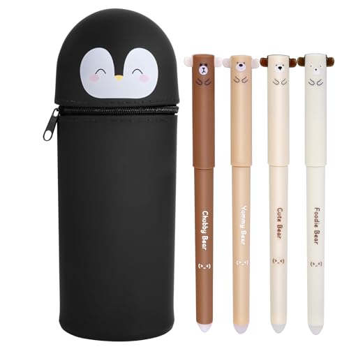 POFIBO 2-in-1 Silikon Federmäppchen, Cartoon Pinguin Design, Reißverschluss, 15 Stifte, 4 Radiergummi inklusive von POFIBO