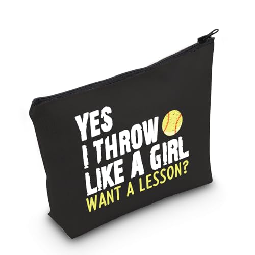 POFULL Softball-Spieler-Geschenk, Softball-Team-Geschenk, "Yes I Throw Like A Girl Want A Lesson", Softball-Kosmetiktasche, Schwarze Tasche mit Aufschrift "I Thow like Bag" von POFULL