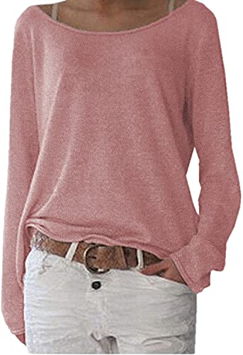 POGTMM Damen Langarm Oberteil Locker Weiter Rundhals Elegant Loose Pullover Long Shirts Bluse Hemd Sweaters (XXL,Dunkelpink) von POGTMM