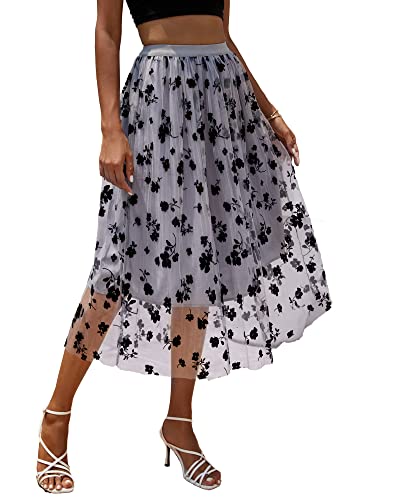 POGTMM Damen Langer Tüllrock Strertchy Midi-Rock Hoher Taille Swing Plissee Rock (Blau,L) von POGTMM