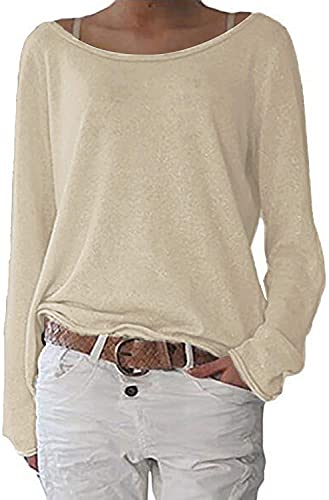 POGTMM Damen Oversize Langarmshirt Pullover Strick Lose Rundhals Dünne Sweatshirt Bluse Oberteiles T-Shirts (XXL,Khaki) von POGTMM