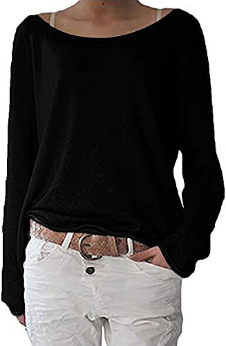 POGTMM Damen Oversize Pullover Bluse Lose Uboot Ausschnitt Langarmshirt Strick Sweatshirt Pulli Tops (S,Schwarz) von POGTMM