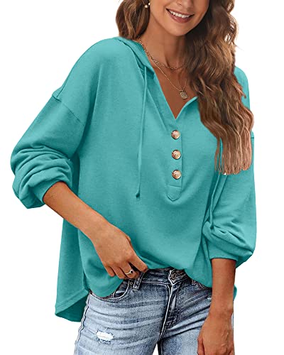 POMTIMCO Damen Oversize Pullover Sweatshirt Sexy V-Ausschnitt mit Kapuze Einfarbige Langarm Henley Hoodie (Cyan-Blau,S) von POGTMM