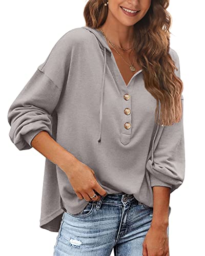 POGTMM Damen Oversized Sweatshirt Pulli mit Kapuze Longpullover Lange Ärmel Kapuze Henley Oberteil (Grau,XL) von POGTMM