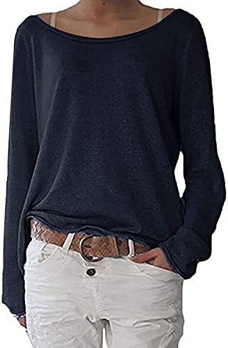 POGTMM Damen Pullover Sexy Sommer Lose U-Neck Langarm Strick Pulli Oversize Bluse Tops Oberteile T Shirt (XL,Navy Blau) von POGTMM