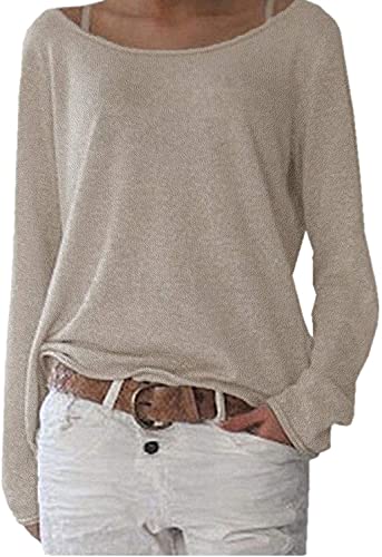 POGTMM Damen Rundhals Leichte Oversize Lang Pullover Langarmshirt Sweatshirt Jumper Bluse Tops (L,Bunt-Beige) von POGTMM