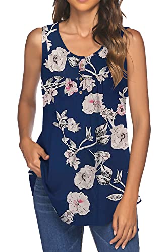 POMTIMCO Damen Sommer Locker Sexy Ärmellos Shirt Blumen Knöpfe Plissee Oversize Oberteil Causal T-Shirt Tuniken (M,Floral 2) von POGTMM