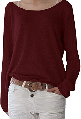 POGTMM Damen Strickpullover Lang Lose Runder Kragen Pull-on Langarmshirt Tunika Langarm Pulli T-Shirts Oberteile Bluse(M,Weinrot) von POGTMM