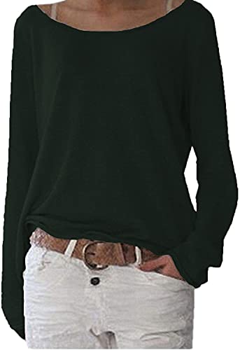 POGTMM Damen Tshirt Langarm Oversize Rundhals Einfarbig Lockere Pullover Bluse Tops für Herbst Frühling (L,Dunkelgrün) von POGTMM