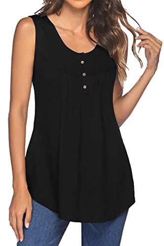 POMTIMCO Damen Tunika Ärmellose Knopfleiste Falten Solid Elegant Sommer Top Tank Bluse Henley Vest Shirts(L,Schwarz) von POGTMM