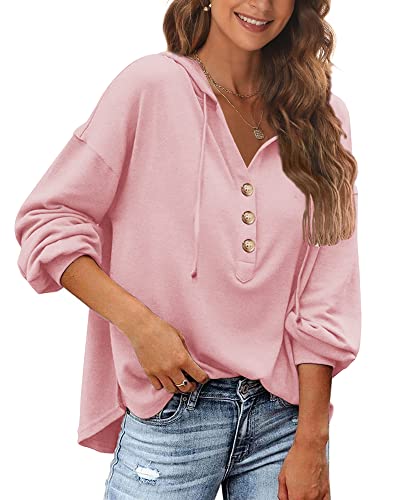 POMTIMCO Hoodie Fraun Kapuzenpullover Freizeit Button Down Pulli Langarmshirt Einfarbig Sport Henley Shirt (Rosa,XL) von POGTMM